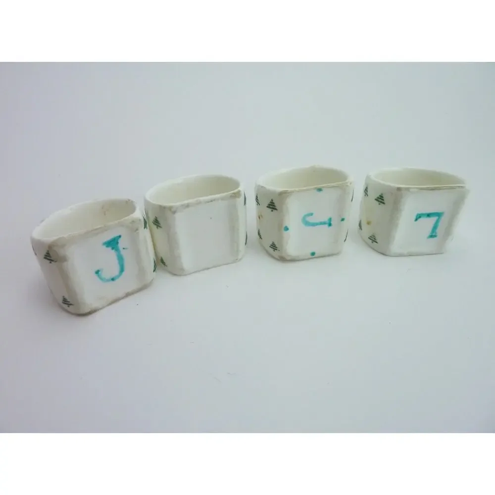 Vintage Ceramic Christmas Tree Napkin Ring Holders White Green Set of 4 Vtg
